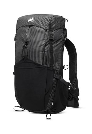 Zaino nero e grigio con motivo a griglia, multiple cinghie regolabili e una tasca laterale in rete. Comprende una chiusura superiore con zip e un fondo rinforzato.