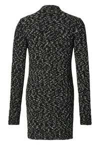 Cardigan tricoté noir et blanc à manches longues. Motif texturé avec un col et une coupe droite. La vue de dos montre une répartition uniforme des couleurs.