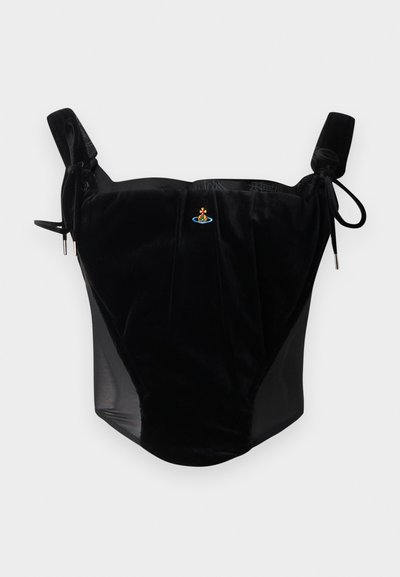 Μαύρο βελούδινο κορσέ με ρυθμιζόμενες ράντες και μικρό κεντημένο έμβλημα στο κέντρο, πάνω σε απλό φόντο.