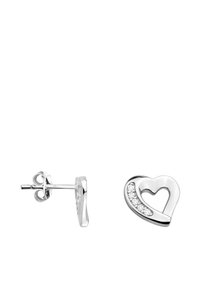 Silver hjärtformade studs med en utskärningdesign, prydda med små klara kristaller i en böjd rad på ena sidan.