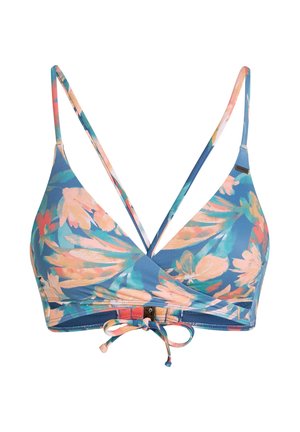 Flerfarget bikinitopp med blomstermønster, med tynne justerbare stropper og knyting nederst. Stoffet er glatt og elastisk.