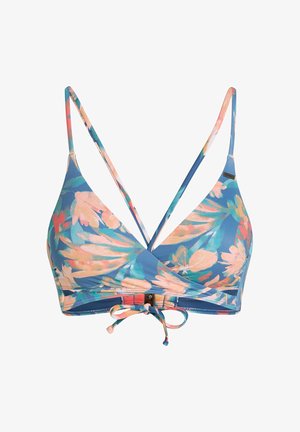 Multicolored bikini top with floral pattern, featuring thin adjustable straps and a tie closure at the bottom. Fabric is smooth and stretchy.