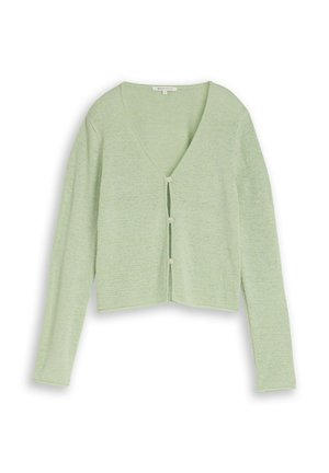 Cardigan en maille vert clair avec col en V, manches longues et trois boutons sur le devant, présenté sur un fond blanc.