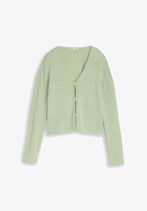 Cardigan en maille vert clair avec col en V, manches longues et trois boutons sur le devant, présenté sur un fond blanc.
