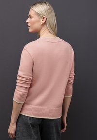 Maglione rosa chiaro con polsini e orlo a coste. Texture morbida e design a girocollo. Presenta una banda di colore chiaro contrastante nella parte inferiore.
