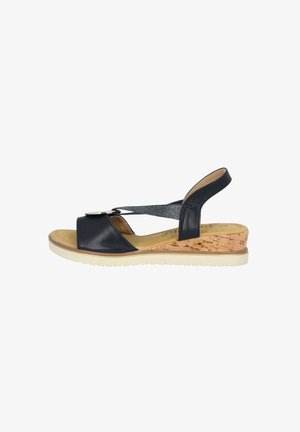 Black leather wedge sandal with cork accent, adjustable ankle strap, and a textured gray cross strap. Cushioned footbed and rubber sole.