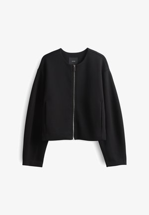 Black cropped zip-up jacket made of smooth fabric. Features a round neckline, long sleeves, and side pockets. Minimalist design.
