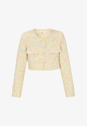 Kragenschnittjacke aus gelbem Tweed mit mehrfarbigen Sprenkeln. Mit langen Ärmeln, Rundhalsausschnitt und zwei vorderen Taschen. Knopfschluss.