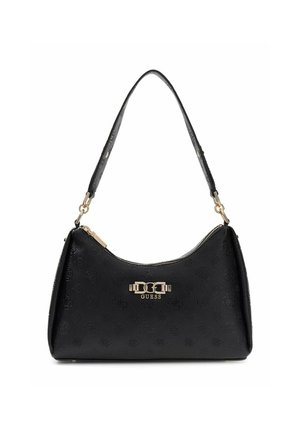 Sac d'épaule noir Guess avec motif de logo embossé, matériel doré et une bandoulière unique avec fermeture éclair sur le dessus.
