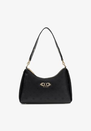 Sac d'épaule noir Guess avec motif de logo embossé, matériel doré et une bandoulière unique avec fermeture éclair sur le dessus.