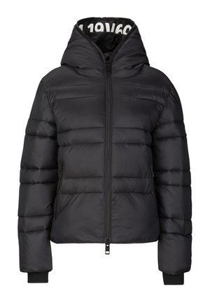 Black puffer jacket with quilted design, hood, full front zipper, and side pockets. Features ribbed cuffs for added warmth and fit.
