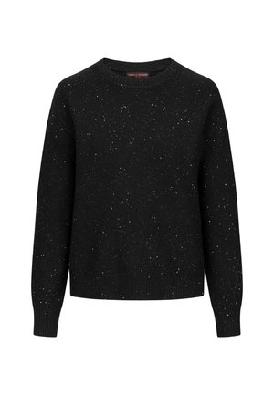 Black sweater with a crew neckline, featuring speckled white patterns throughout. Ribbed cuffs and hem provide a textured finish.