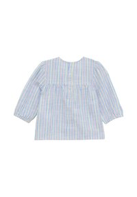 Gestreifte Bluse mit langen Puffärmeln, aus leichtem Stoff, in Pastellfarben (blau, rosa, gelb, grün) und mit Knopfverschluss auf der Rückseite.