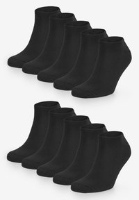 Ensemble de 12 chaussettes noires au niveau de la cheville, en tissu tricoté, texture lisse, talons et orteils renforcés, bords élastiques, hauteur uniforme, adaptées à un usage quotidien.