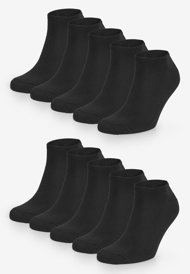 Ensemble de 12 chaussettes noires au niveau de la cheville, en tissu tricoté, texture lisse, talons et orteils renforcés, bords élastiques, hauteur uniforme, adaptées à un usage quotidien.