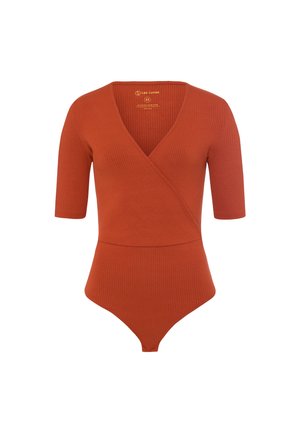 Ribbed bodysuit in rust orange featuring a deep V-neck, short sleeves, and a slim fit. Smooth texture with a stylish wrap design.