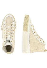 Beige hoge sneakers met een gestructureerde canvas bovenkant, witte rubberen zool, ronde veterogen en een gewatteerde enkel.