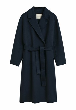 Navy blue wool coat with a notched lapel, long sleeves, front button closure, and a matching belt, featuring a smooth texture and tailored design.