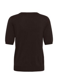 Pull en maille brun foncé à manches courtes avec encolure ronde et poignets et ourlet côtelés, vu de dos sur fond blanc.