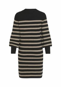 Svart och beige randig långärmad klänning med lös passform och ribbade ärmslut. Mjuk textur, rund halsringning och midja-längd.