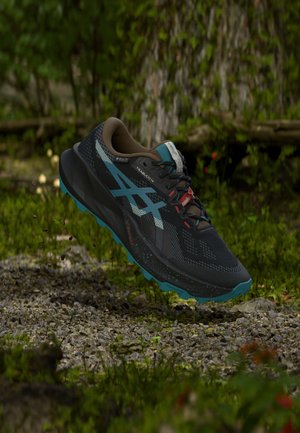 Czarno-turkusowy but do biegania terenowego Asics zawieszony nad żwirową ścieżką na tle zielonego mchu i roślinności.