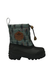 Bota impermeable de color gris oscuro con una parte superior acolchada verde que presenta un patrón de hojas, acento de cuero marrón con un logotipo y cierre de toggle.