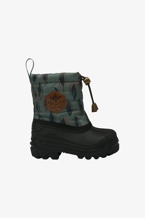 Dunkelgraue wasserdichte Stiefel mit einer grünen, gepolsterten Oberseite im Blätterdesign, braunen Lederakzenten mit Logo und einem Kordelzugverschluss.