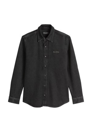 Black long-sleeve denim shirt with buttons down front, classic collar, and small "Marc O'Polo" logo on left chest.