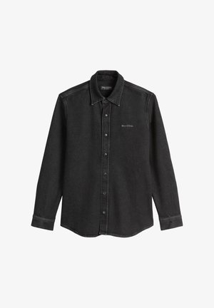 Black long-sleeve denim shirt with buttons down front, classic collar, and small "Marc O'Polo" logo on left chest.