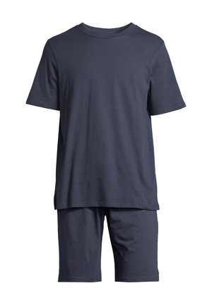 Granatowa koszulka z krótkim rękawem i dopasowane szorty wykonane z miękkiej bawełny; luźny krój z prostym wzorem, bez żadnych ornamentów ani akcentów.