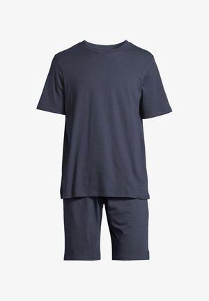 Granatowa koszulka z krótkim rękawem i dopasowane szorty wykonane z miękkiej bawełny; luźny krój z prostym wzorem, bez żadnych ornamentów ani akcentów.