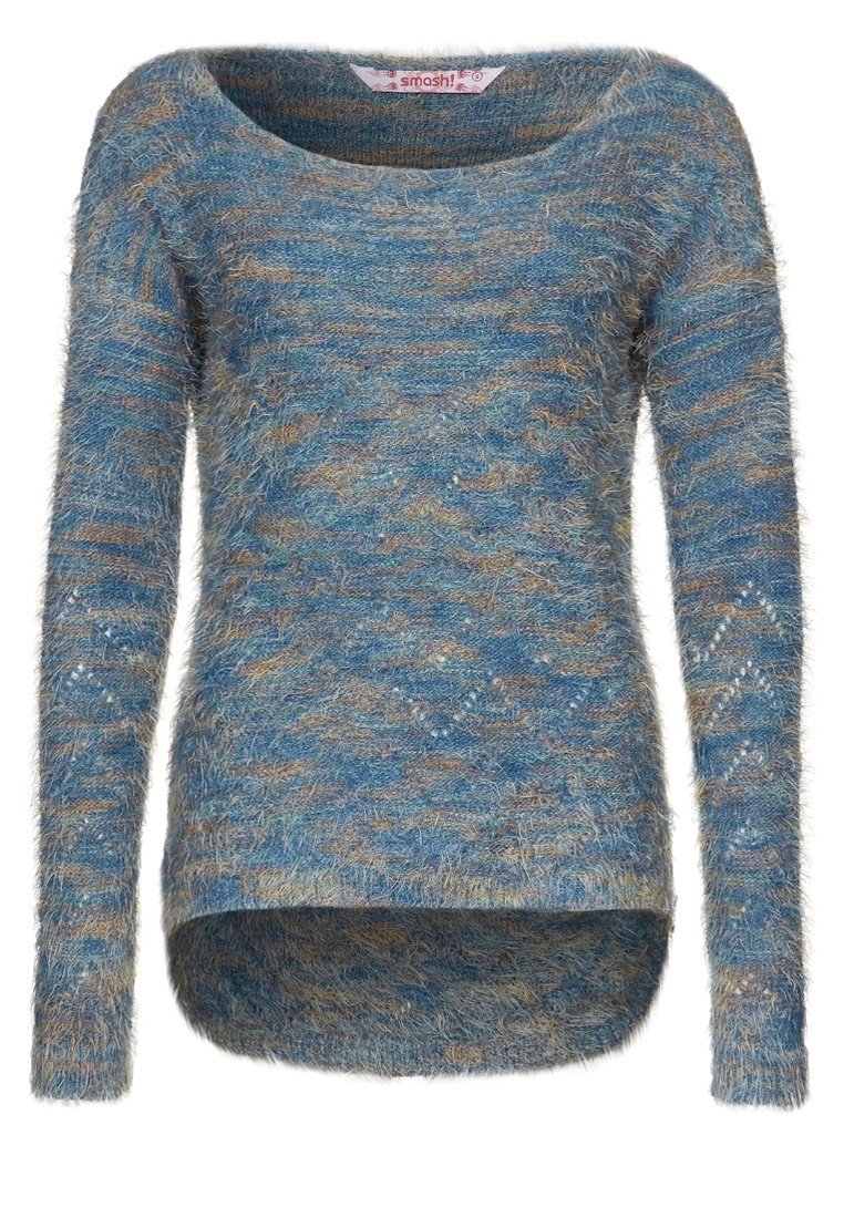 Blå och beige stickad tröja med en fluffig textur, rundad halsringning, långa ärmar och en kurvad nederkant, med ett subtilt vågmönster.