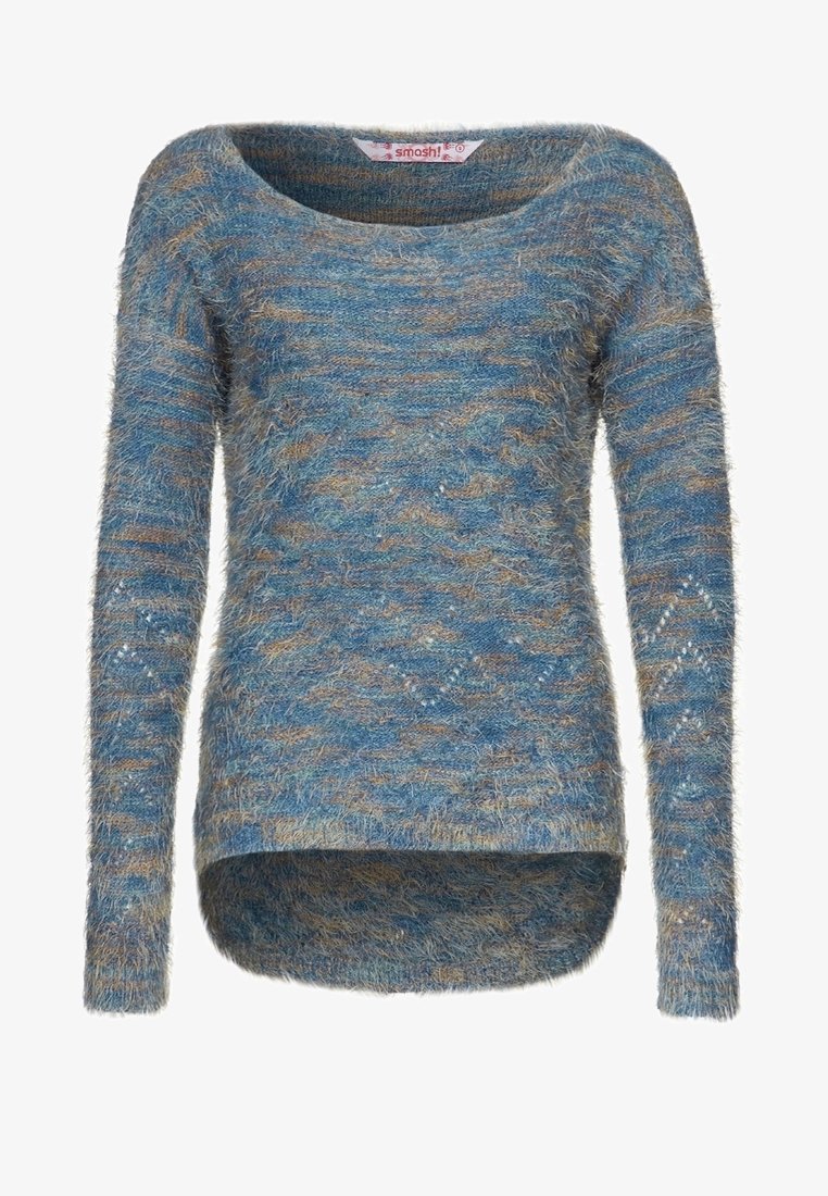Blue and beige knitted sweater with a fluffy texture, scoop neckline, long sleeves, and a curved hemline, featuring a subtle wave pattern.