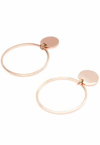 Różowe złote kolczyki w kształcie kół z okrągłym wzorem. Posiadają gładkie, błyszczące wykończenie oraz solidny okrągły akcent na górze.