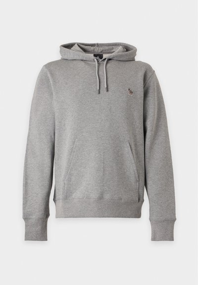 Sweat à capuche gris clair avec poche avant, capuche à cordon, poignets côtelés et petit logo d’animal multicolore sur la poitrine.