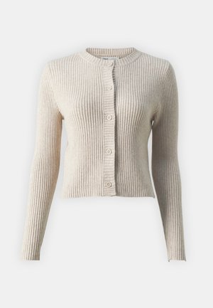 Beige ribbed cardigan with long sleeves, round neckline, and six button closure at the front. Soft texture with subtle vertical stripes.