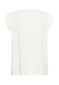 Haut blanc à manches courtes avec un motif texturé, des manches volantées et une coupe ample. Le dos présente un design discret en œillets.