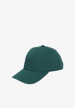 Dark green baseball cap with curved brim and small embroidered logo on front left panel.