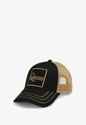 Black cap with a gold embroidered "Queen" logo in a rectangular design. Mesh back and prominent stitching detail on the visor.