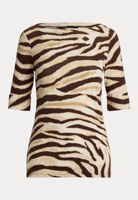 Camisa de manga curta com um padrão de zebra em tons de castanho e creme, feita de um tecido suave, com um decote arredondado e mangas enroladas.
