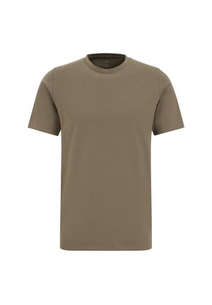 Schlichtes olivgrünes T-Shirt mit kurzen Ärmeln und Rundhalsausschnitt, mittlere Größe, auf weißem Hintergrund dargestellt.