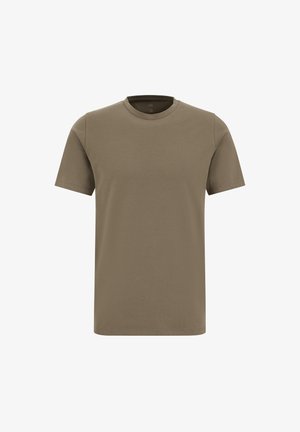 Effen olijfgroen T-shirt met korte mouwen en ronde hals, medium maat, weergegeven op een witte achtergrond.