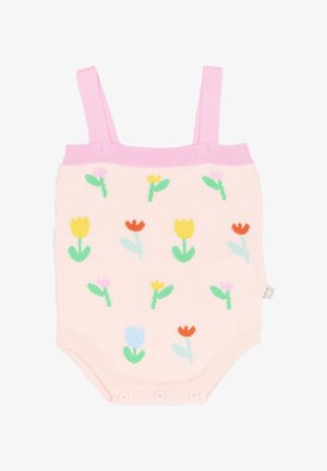 Roze gebreide babyromper met roze bandjes en meerkleurige tulpenbloemmotieven, voorzien van knopen aan de onderkant voor het sluiten.