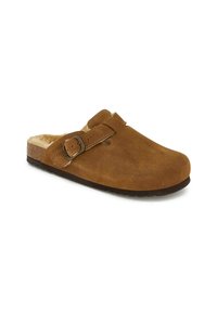 Zoccoli in suede marrone con dettaglio a fibbia e interno morbido. Presenta una suola testurizzata e punta arrotondata. Ideali per un look informale.