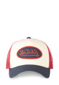 Kravas autovadītāja cepure ar krēmīgu priekšpusi, sarkaniem acu sāniem un tumši zilu vizieri. Iekļauj ovālu Von Dutch logo ar sarkanu un tumši zilu izšuvumu.