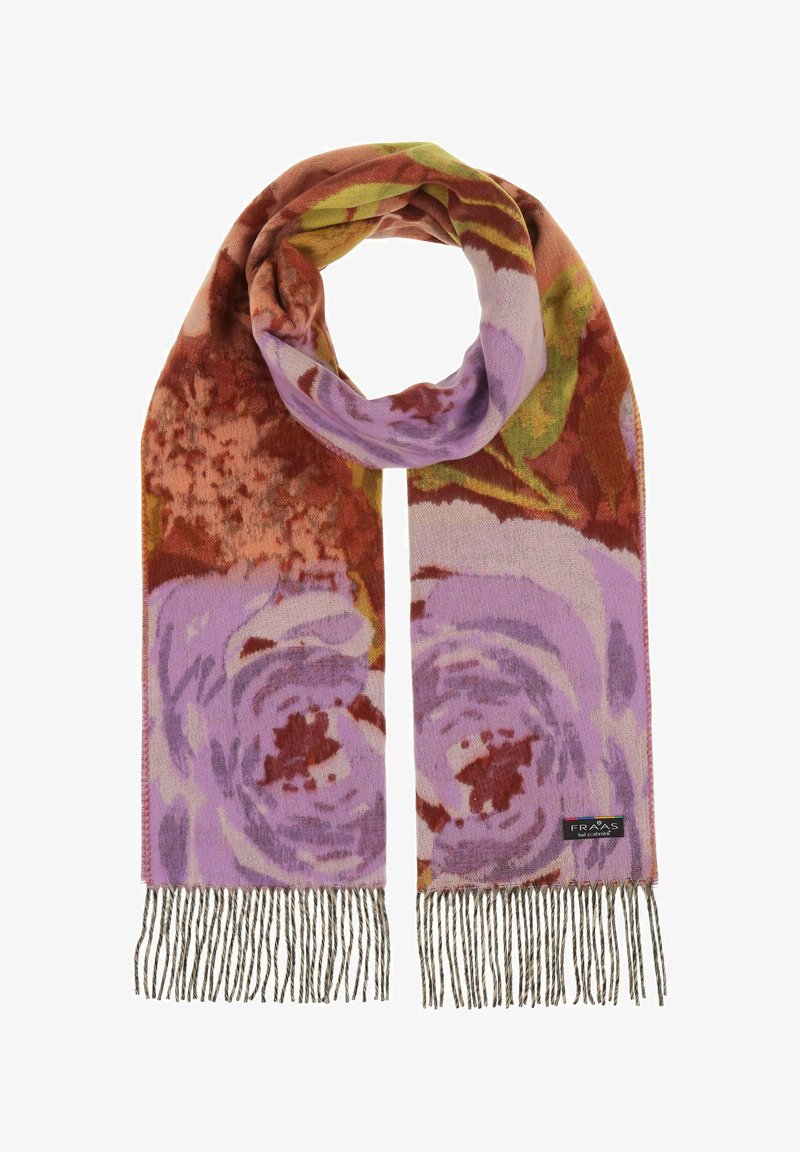 Eșarfă colorată cu un design floral în nuanțe de mov, roșu și verde. Include un margine franjurată și un etichetă de brand. Textură moale.