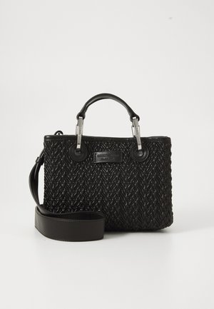 Black leather handbag with woven texture, silver hardware, two handles, and a detachable shoulder strap on a white background.