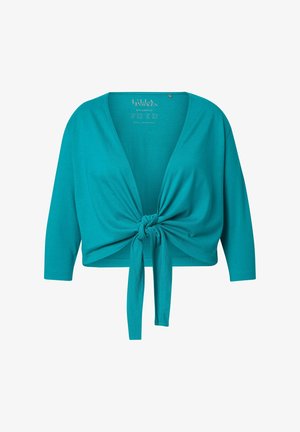 Crop top turquoise à nouer avec des manches longues. Tissu doux et extensible avec un décolleté en V et une coupe à la taille. Pas de motifs ou d'accents notables.