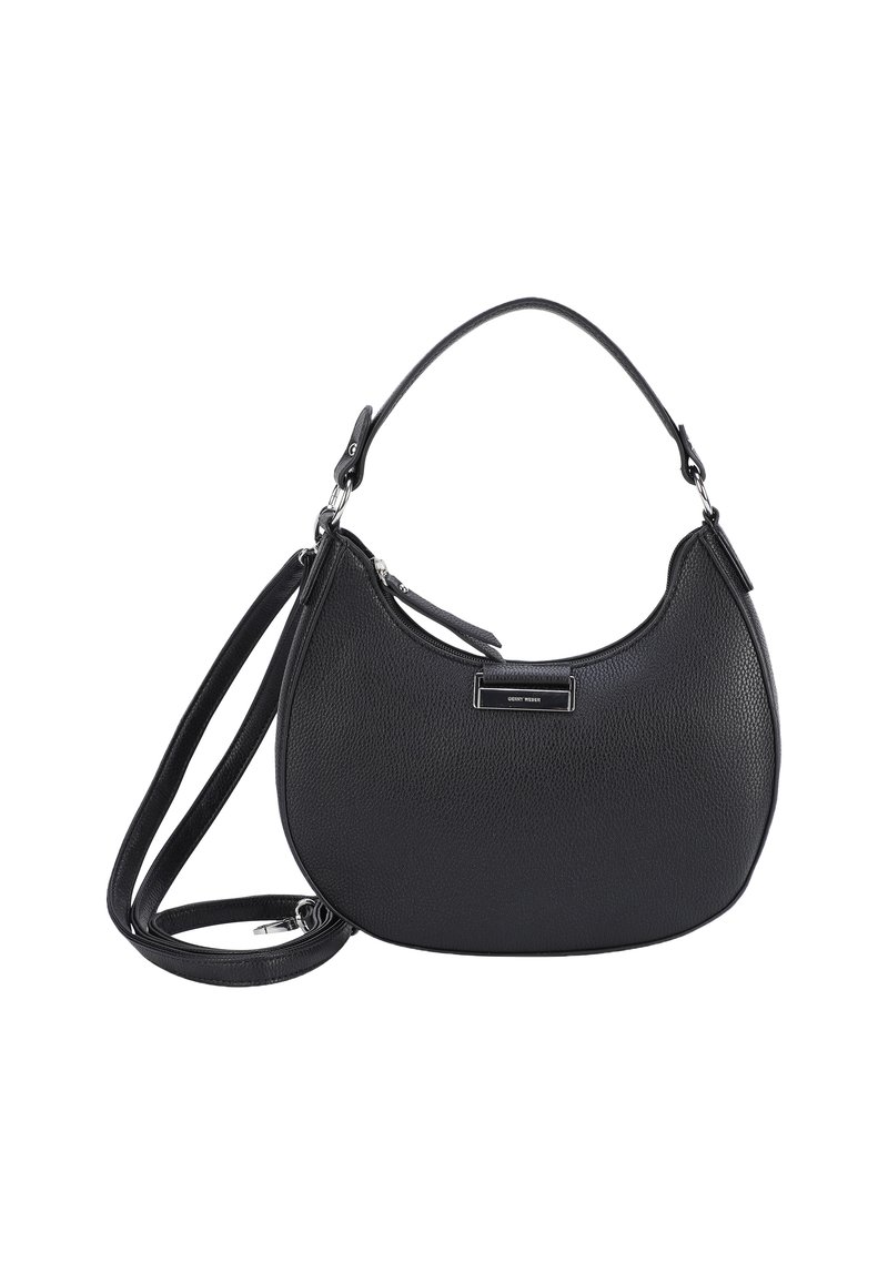 Borsa a tracolla in pelle nera con forma curva, superficie testurizzata, manico superiore e una tracolla regolabile. Presenta un piccolo elemento metallico decorativo.