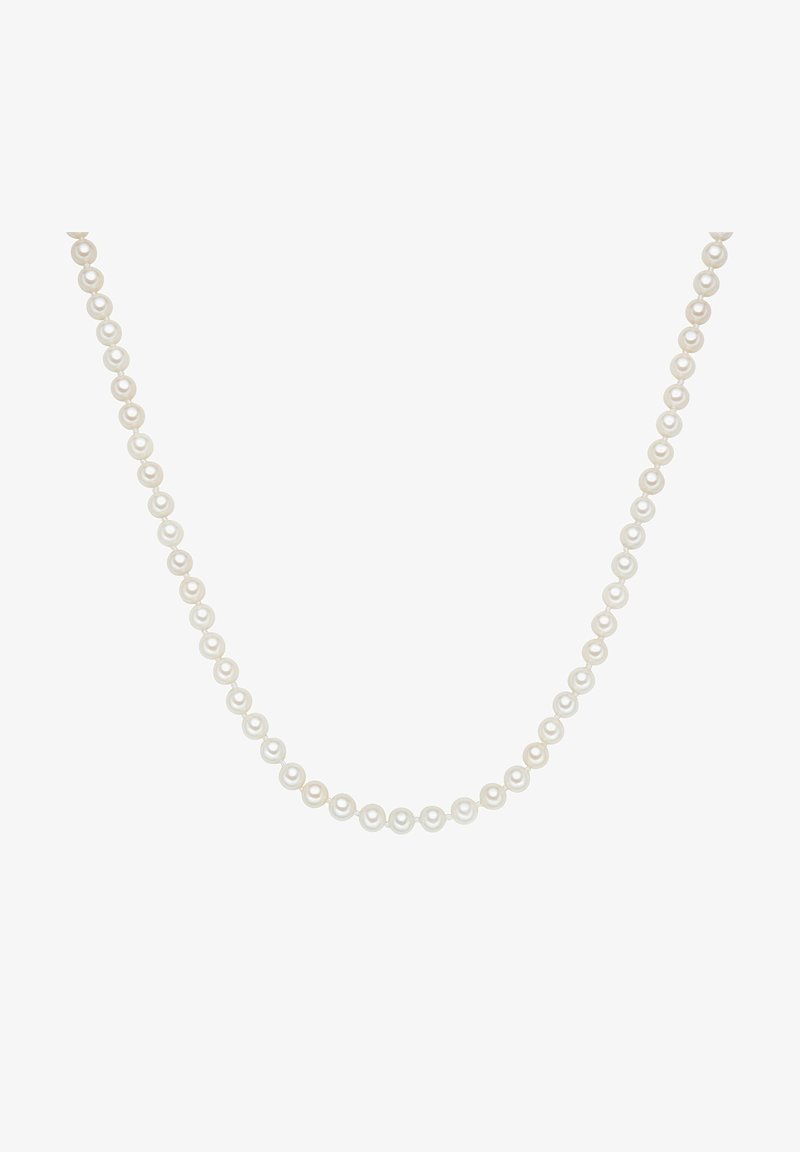 Perlekæde med skiftende glatte og teksturerede perler i et ensartet, cirkulært design. Farven er en blød hvid med en subtil glans.
